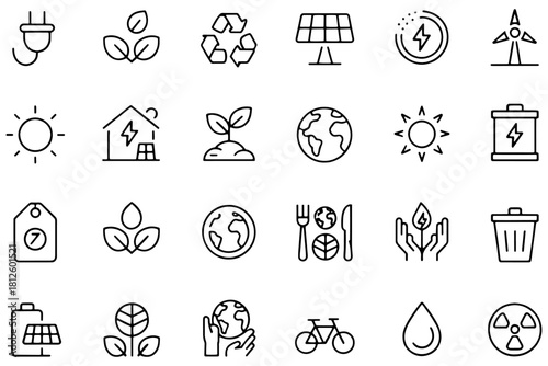 Set of eco and green energy icons simple line vector symbols for sustainable living isolated on white background