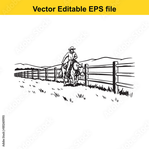 Black and white line art drawing of a cowboy riding a horse along a wooden fence line in a grassy field with mountains in the background