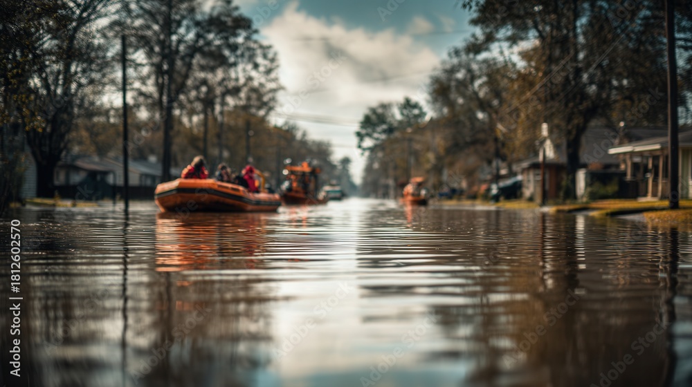 Obraz premium Rescue boats navigate a flooded residential street with calm water reflecting the sky. A scene of disaster response and evacuation suitable for news on climate change and floods.