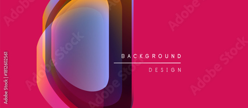 Abstract colorful layers overlap pink backdrop. Modern design elements create dynamic visual effect. Simple text complements composition.