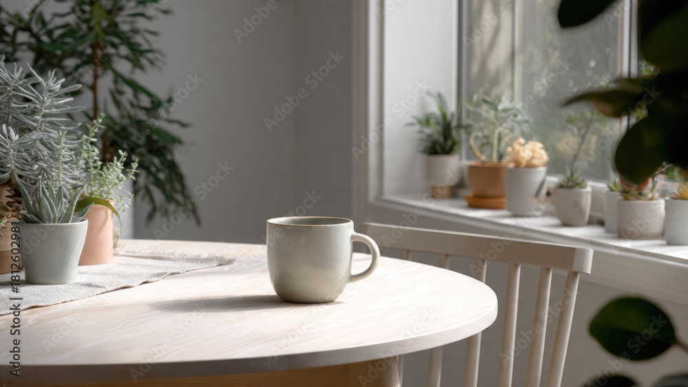 Fototapeta premium Serene indoor setting: a ceramic mug on a light wooden table, surrounded by potted plants and soft natural light from a window.