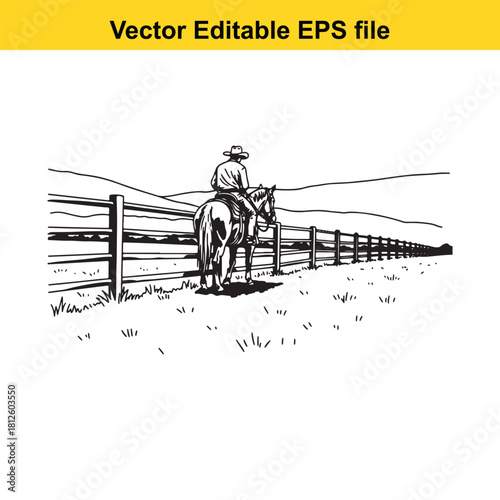 Vector illustration of a cowboy riding a horse along a wooden fence line in a rural landscape, black and white sketch style