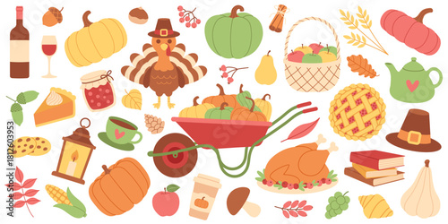 Simple colorful Thanksgiving illustration set: pumpkins, turkey, leaves, food, drinks, harvest elements, festive seasonal icons. For scrapbooking, cards, invitations, holiday design. Flat vector.