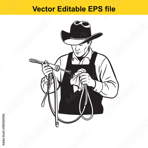 Black and white vector illustration of a cowboy or rancher wearing a hat and apron, carefully cleaning a rope or lasso with a cloth