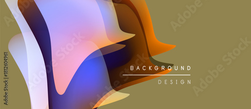 Abstract fluid shapes blend, creating vibrant color gradients. Background features text indicating design elements. Minimalist aesthetic.