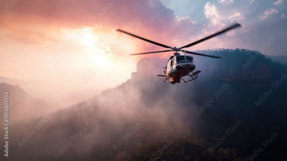 Fototapeta premium A helicopter flies over a mountain range covered in mist and smoke during a dramatic sunset. This scene conveys urgency and rescue operations, suitable for adventure or news concepts.