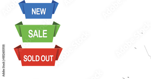 Three vector e-commerce status banners with text NEW, SALE, and SOLD OUT for product labeling.