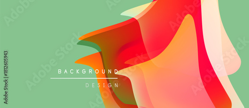 Abstract colorful shapes overlap, creating dynamic background. Soft gradients blend red, orange, green hues. Minimalist design elements present.
