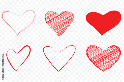 set of vector hearts. Different shapes of the romantic love symbol icon. Red and pink hearts. Festive graphic element for Valentine's day, wedding design. Red heart doodles set. Hand drawn hearts icon
