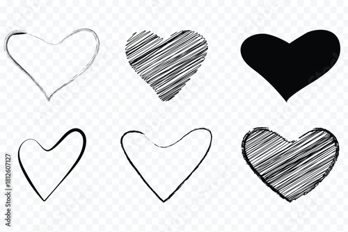 set of vector hearts. Different shapes of the romantic love symbol icon. Red and pink hearts. Festive graphic element for Valentine's day, wedding design. Red heart doodles set. Hand drawn hearts icon