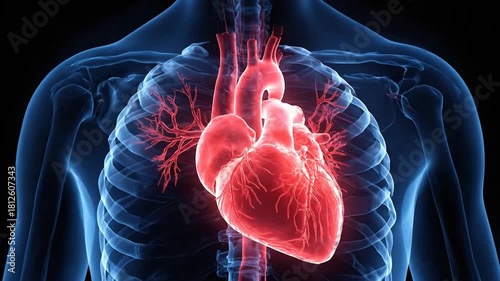 Red glowing human heart and thoracic cavity. Scientific medical art illustration of cardiovascular system for education and research. Anatomical organ.