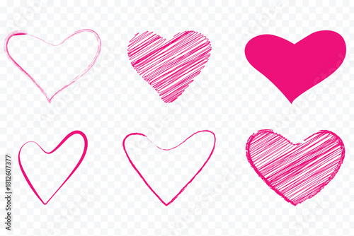 set of vector hearts. Different shapes of the romantic love symbol icon. Red and pink hearts. Festive graphic element for Valentine's day, wedding design. Red heart doodles set. Hand drawn hearts icon