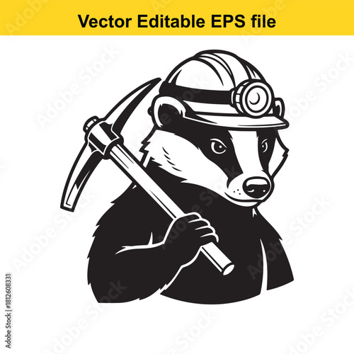 Vector illustration of a badger miner wearing a hard hat and holding a pickaxe