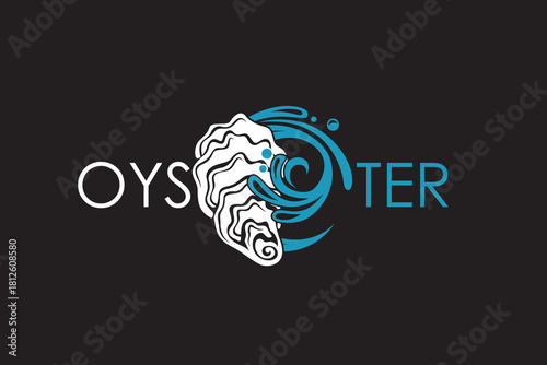 label of oyster shell with water splash isolated on white background