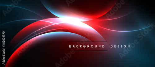 Abstract neon lines create dynamic flow. Red, blue hues blend with bright center. Modern background design element.