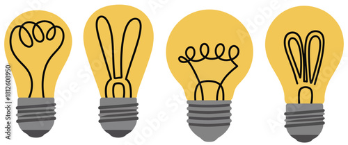 Various light bulbs, cartoon flat style, representing ideas, creativity, innovation, inspiration, and invention concepts, hand-drawn modern vector illustrations, isolated design elements for apps, web