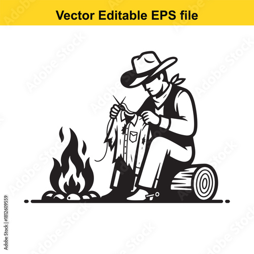 Black and white vector illustration of a cowboy sitting on a log next to a campfire mending or sewing his shirt, isolated on