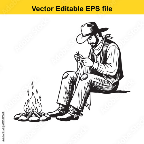 Black and white vector illustration of a rugged cowboy sitting by a small campfire, mending or working with thread, isolated on
