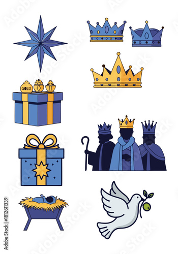 Epiphany Icons Set with Three Kings Nativity Symbols and Gifts Vector Illustration