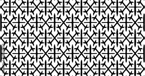 Black and white geometric pattern featuring intersecting angular shapes arranged in a repeating grid.