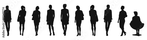Set of silhouettes of women in front view, standing and seated.
