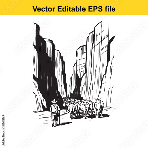 Black and white vector illustration of a cowboy herding cattle through a narrow canyon pass with steep rock walls, isolated on