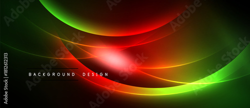 Abstract vibrant design features flowing curves, gradients. Red, green hues dominate dark background. Modern aesthetic, dynamic composition.