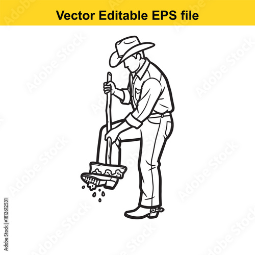 Black and white line art vector illustration of a farmer or rancher wearing a cowboy hat cleaning mud off his shovel isolated on