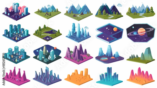 Colorful 3d mountain and landscape icons with various styles and elements