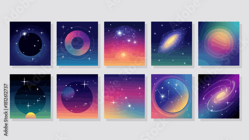 A collection of nine vibrant and colorful spacethemed illustrations featuring galaxies, stars, and cosmic elements