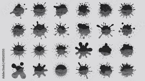 Abstract black and white splatter patterns with various shapes and textures