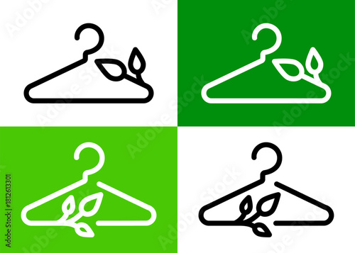 Recycling clothes icons showing sustainable fashion symbols with hanger, reused textile, eco friendly fabric signs. Illustration represents the concept of clothing care, repair, recycling materials