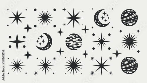 Celestial bodies and stars in black and white illustration, including planets, moons, and starbursts
