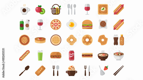 Assorted food icons including burgers, sandwiches, drinks, and desserts isolated on