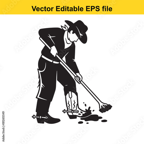 Vector illustration of a cowboy cleaning up spilled liquid or mud on the ground using a longhandled tool, isolated on