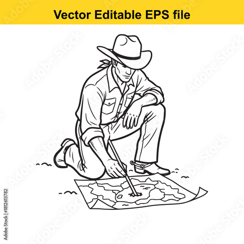 Black and white line art vector illustration of a cowboy or explorer kneeling down to study or draw a map on the ground, isolated on