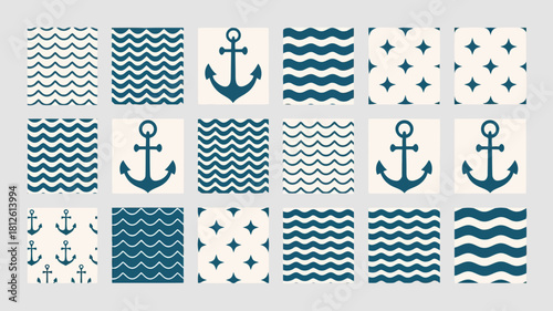 Nauticalthemed patterns featuring anchors, waves, and stars in blue and white