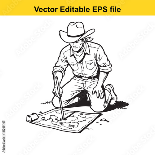 Black and white line art vector illustration of a cowboy kneeling on the ground, studying and pointing at a map or treasure chart with a stick, isolated on