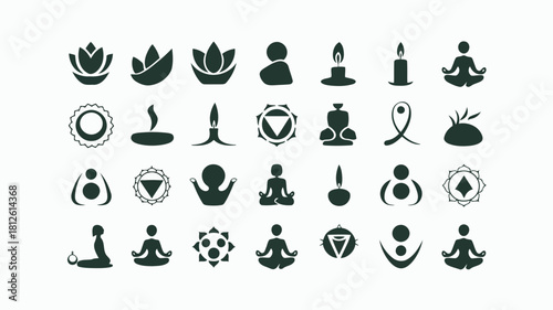 Collection of yoga and meditation symbols and icons in black and white
