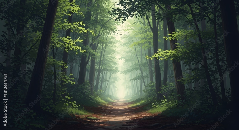 Fototapeta premium A sunlit forest path winding through tall green trees with dappled light filtering through the canopy