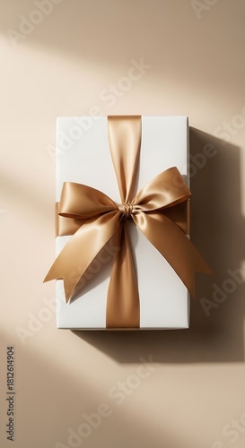 A pristine white gift box, adorned with a luxurious golden ribbon tied in an elegant bow, casts a soft shadow on a warm beige surface, evoking feelings of anticipation and joy