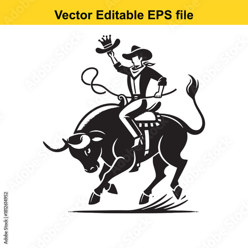 Vector illustration of a cowboy riding a bucking bull isolated on