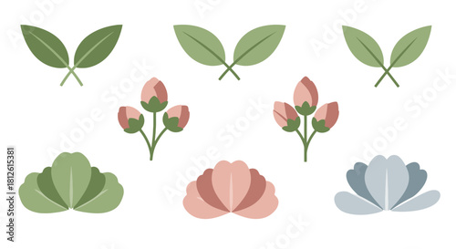 Beautiful collection of green leaves and delicate pink and blue flower buds.