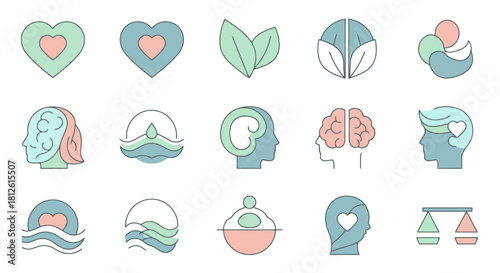 Collection of health and wellness icons representing mind body and nature.