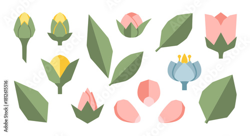 Collection of various stylized flower buds petals and leaves in a flat design.