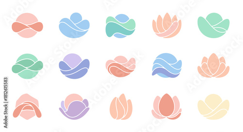 Collection of abstract lotus flower designs in various pastel colors.