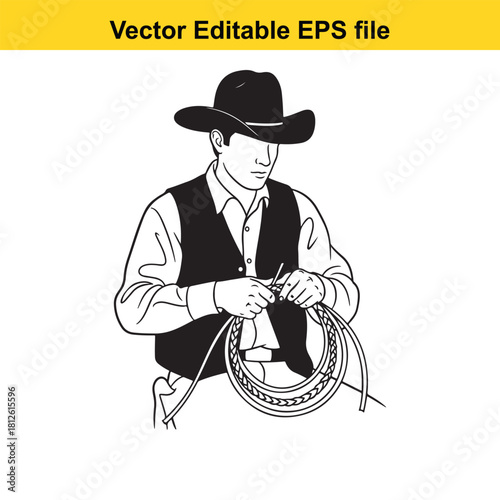 Vector illustration of a cowboy wearing a hat and vest, carefully mending or preparing a coiled lasso rope, isolated on