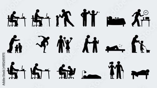 Set of black and white icons depicting various activities and scenarios, including work, exercise, and daily life tasks