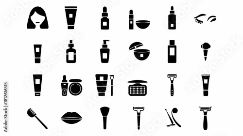 Collection of beauty and personal care icons including makeup, skincare, and grooming tools