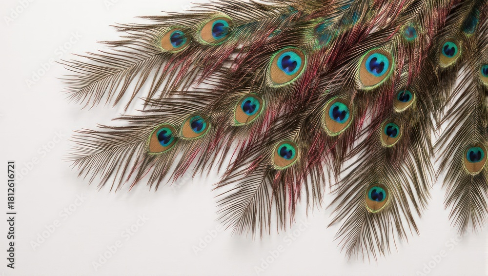 Obraz premium Vibrant peacock feathers with iridescent eyes on a white background.